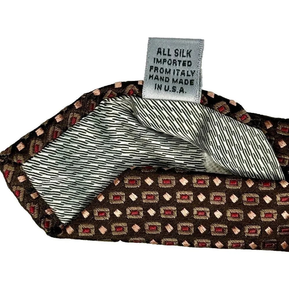 XMI COUTURE Men's Silk Tie Dark Brown Green Red Peach Geometric Texture 59